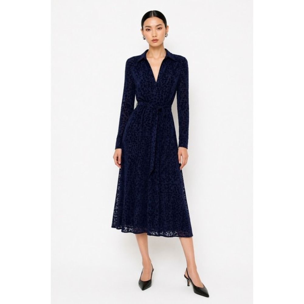 Les‎ Serein Womens Navy Blue Leopard Burnout Midi Dress Long Sleeve Large NWT